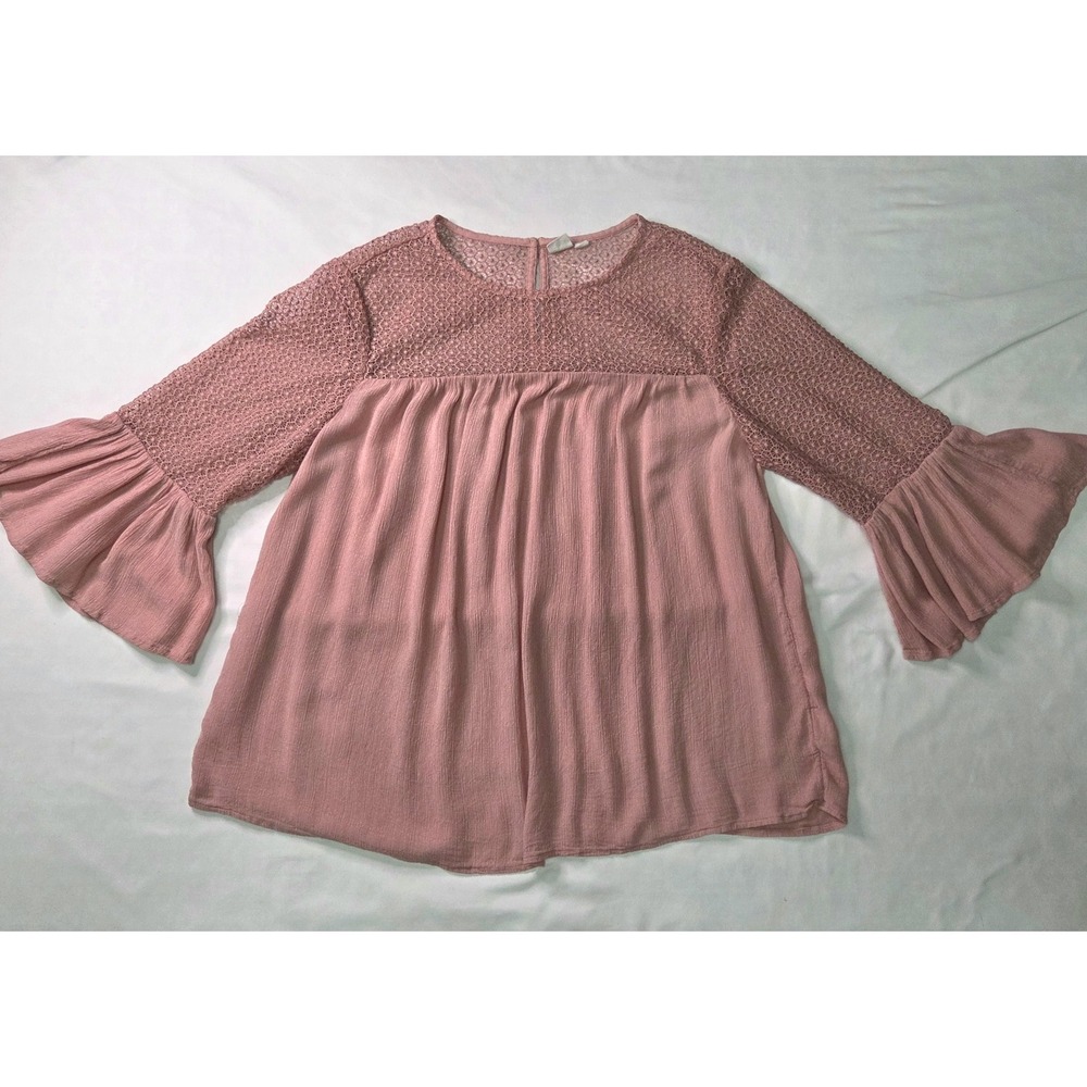 Gap Women M Dusty Pink Crochet Gauzy Bell Sleeve Blouse FLAW Coquette Balletcore